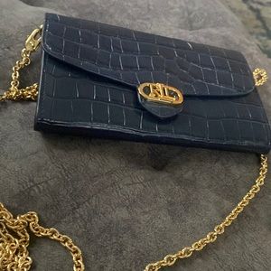 Ralph Lauren Navy Leather small handbag with gold chain. Has great zipper pocket